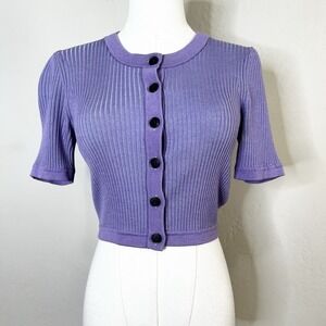 Naadam Cardigan Silk Wool Short‎ Sleeve Rib Knit Stretch Purple Size Medium
